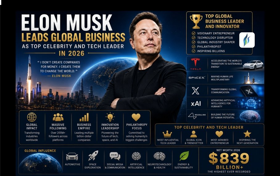 Elon Musk Leads Global Business as Top Celebrity and Tech Leader in 2026