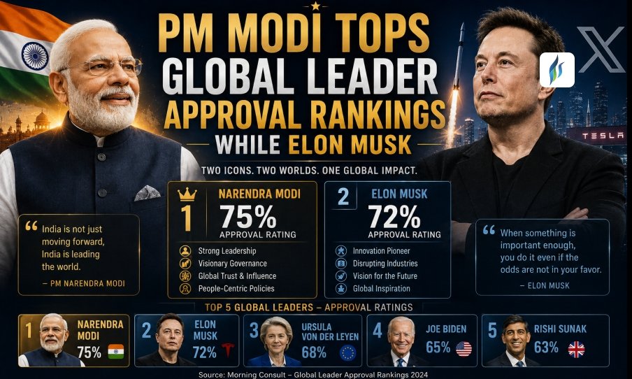 PM Modi Tops Global Leader Approval Rankings While Elon Musk Remains Wealthiest